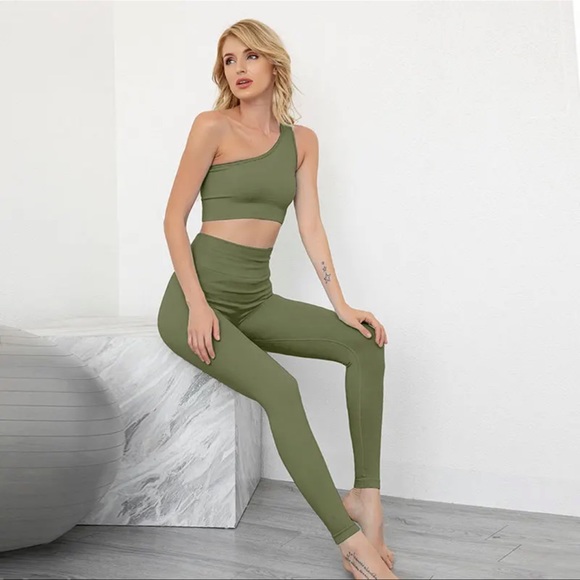 Army Green One Shoulder Ribbed Workout Set - Picture 2 of 4